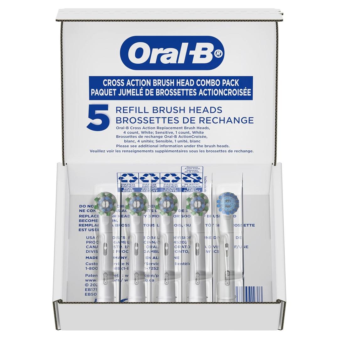 OralB CrossAction Electric Toothbrush Replacement Brush Heads, White, 4 Count + 1 Sensitive White