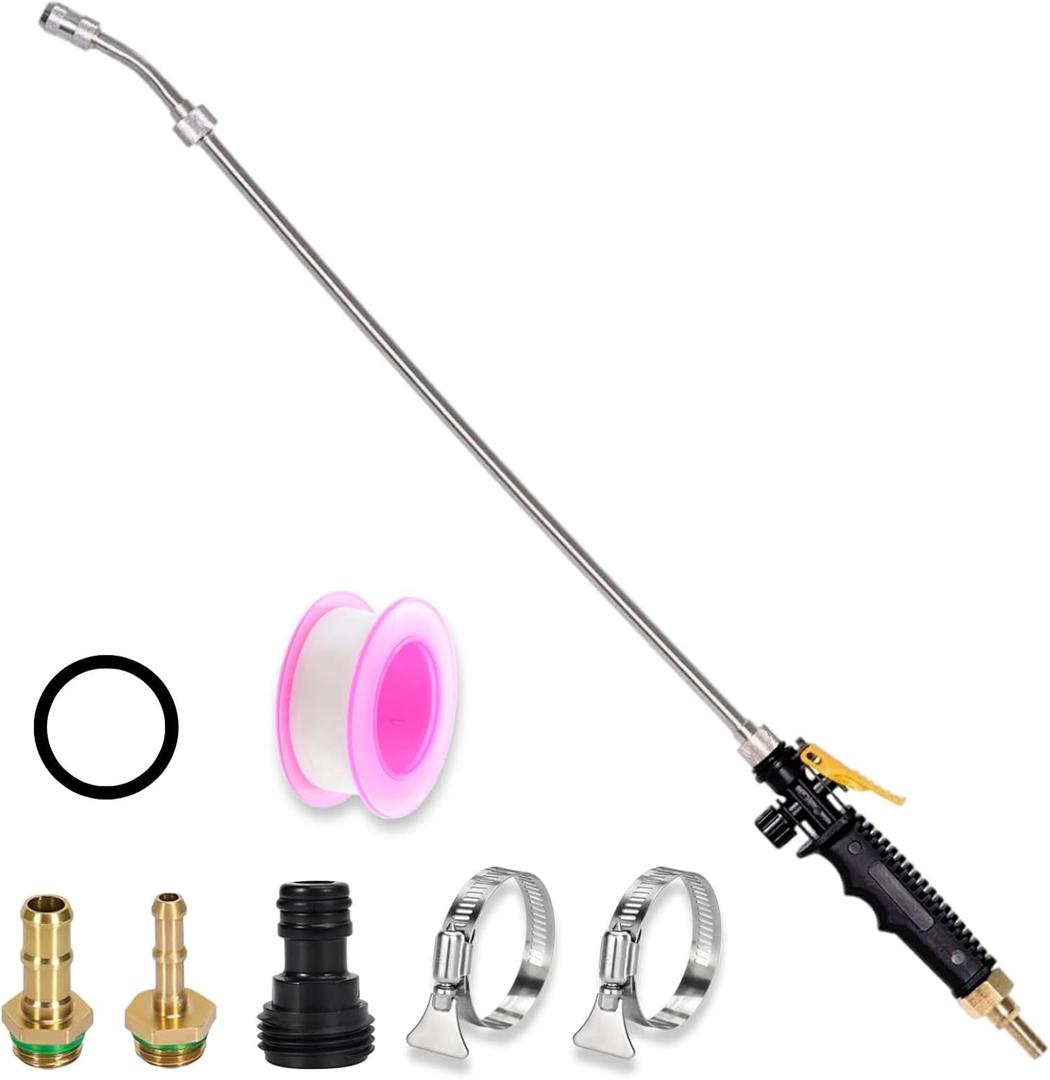 29'' Sprayer Wand Replacement, 1/4" & 3/8" Brass Barb Universal Stainless Sprayer Wand with Shut off Valve, Adjustable Watering Wand with 2 Hose Clamps & 1 Tape