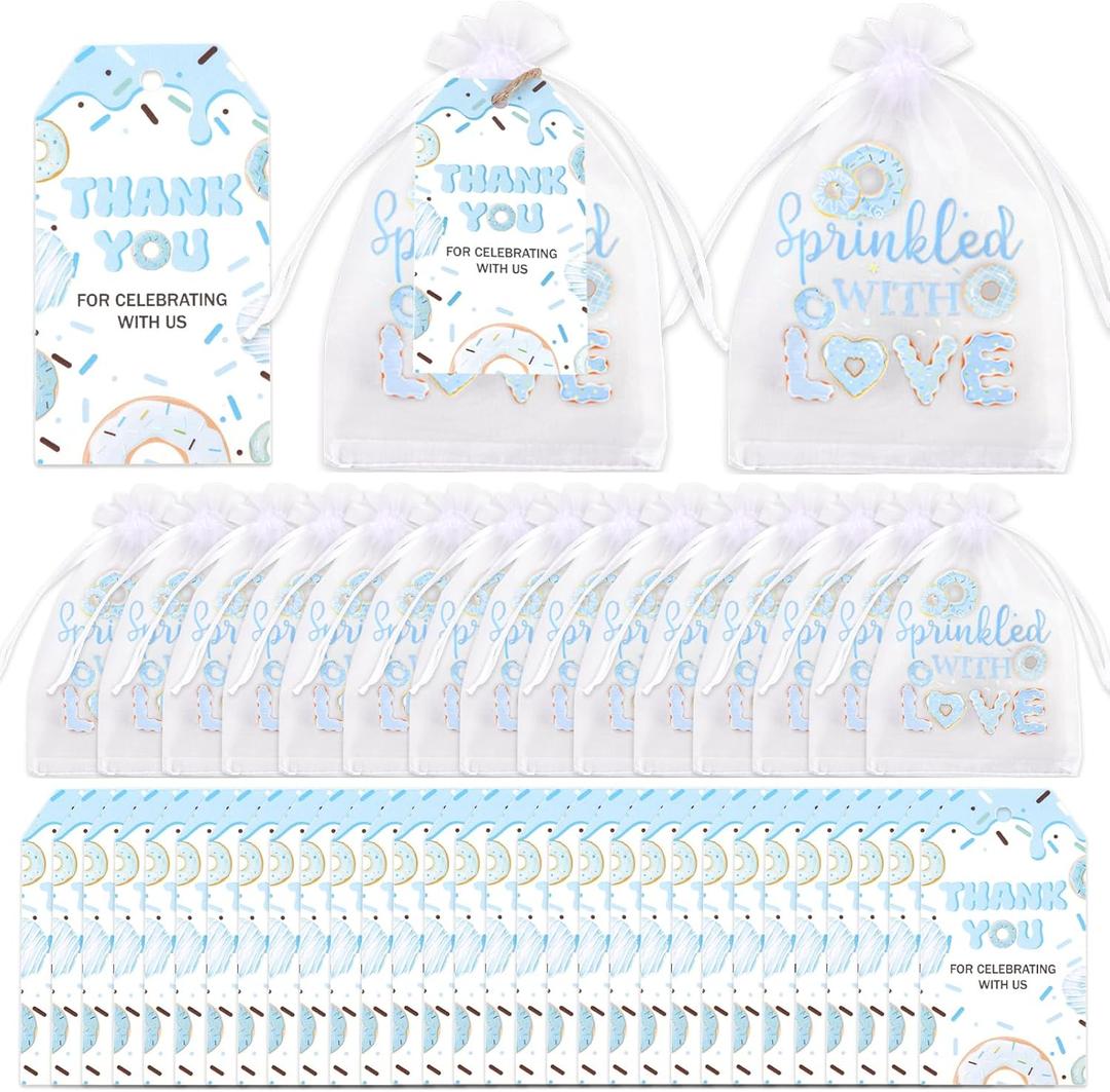 Diartpaint 50 Sets Baby Shower Organza Bags for Boy Girl, Sprinkled with Love Drawstring Bags with Tags String, Thank You Cards and Guests Favor Bags for Candy Soap Goody Baby Party Gift (Donut)