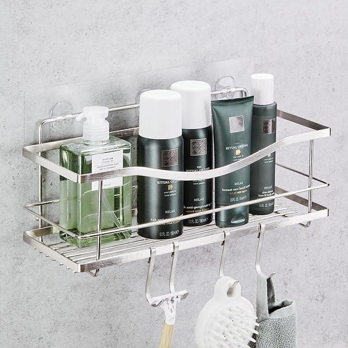 KINCMAX Premium Shower Caddy - Adhesive Bathroom Shower Organizer and Storage w/ 4 Hooks, No Drill Shower Shelves for Inside Shower, Rustproof Stainless Steel Shower Rack, Accessories Holder, Silver (2 Pack)