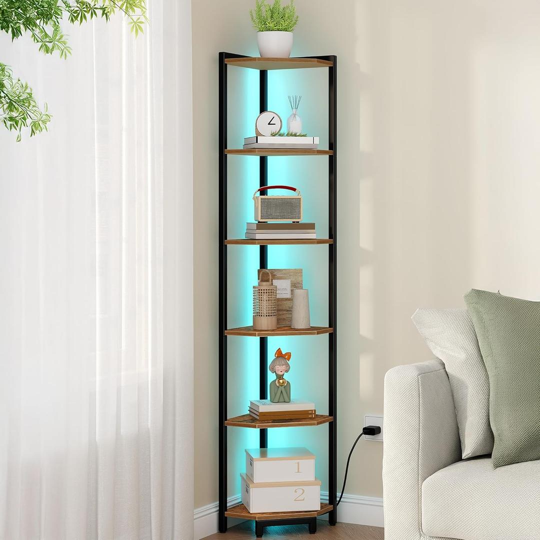 Corner Shelf with LED Light, 6-Tier Corner Bookshelf, Tall Narrow Display Bookcase with Metal Frame, Standing Shelf for Small Space, Living Room, Home Office, Bedroom, Rustic Brown CS66601B