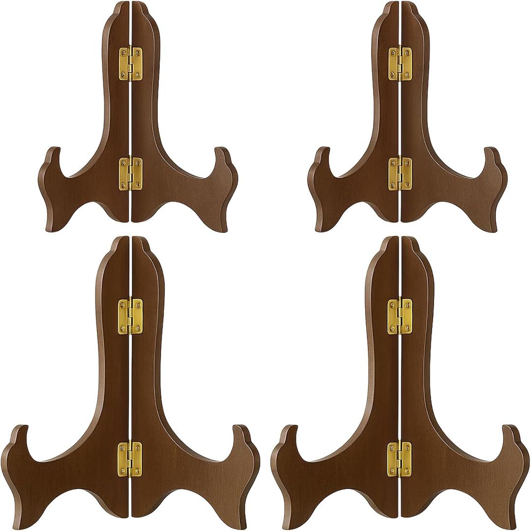 Tatuo 4 Packs 5 Inch and 6 Inch Wooden Display Stand Decorative Plate Stands for Display Picture Frame Holder Easels(Brown)
