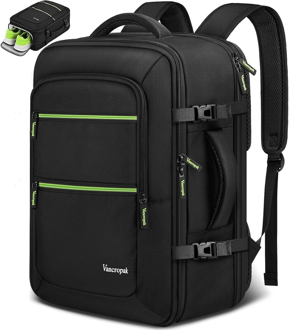Vancropak Travel Personal Item Backpack for Spirit Airlines with Shoe Compartment Removable, 18x14x8 TSA Approved Underseat Carry on Backpack, Large Luggage Suitcase Bag Fit 17.3" Laptop, Black
