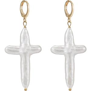 Nature Pearl Cross Earrings Freshwater Cross Pearl earrings Baroque Pearl Dangle Earrings Chunky Cross Earrings Statement Earrings Religious Jewelry