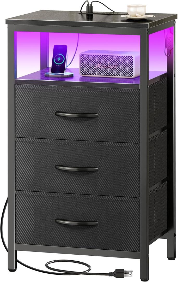 Huuger Night Stand with Charger Station and LED Lights, 3 Drawer Nightstand, Bed Side Table with Open Shelf, End Table, Tall Fabric Dresser for Bedroom, Black (11.8"D x 15.7"W x 27.6"H3 Drawers)