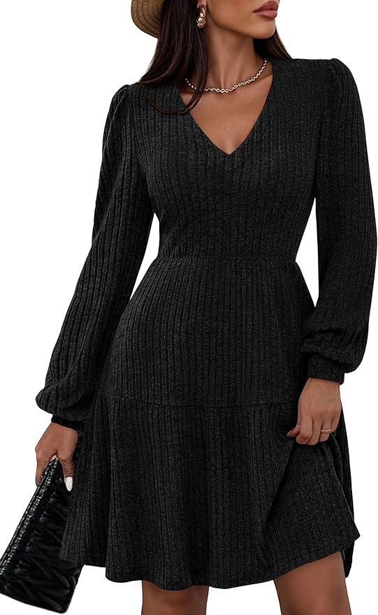 PRETTYGARDEN Women Sweater Dress Fall Fashion 2026 Long Sleeve V Neck Ribbed Knit Pleated A Line Elegant Maxi Winter Dresses, Small