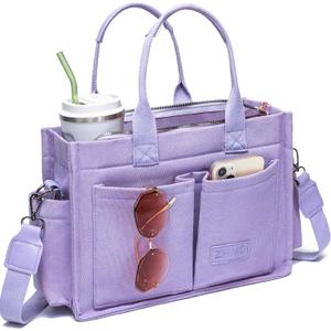 Canvas Tote Bag for Women,Women's Bags Crossbody Bags Work Laptop Tote Bag Large Handbags Purse for Travel Nurse Teacher (New Upgrade Plus Purple With Compartments and Inner Cup Holders)