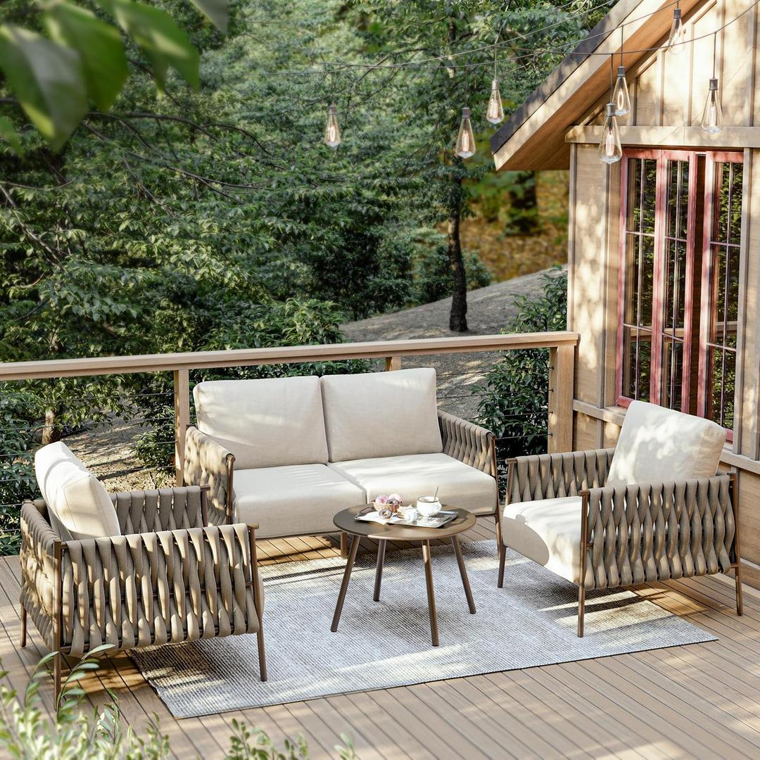 EAST OAK 4-Piece Patio Furniture Set | Life Chatter Outdoor Furniture | Coffee Table & Deep Seating Conversation Set with Thick Cushions | Porch, Balcony & Backyard | Chestnut & Apricot