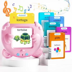 Spanish & English Talking Flash Cards for Toddlers, 510 Sight Words Bilingual Pink Educational Toys for Girls, Autism Sensory Speech Therapy Toys, Espaola Pocket Vocabulary Learning for Kids