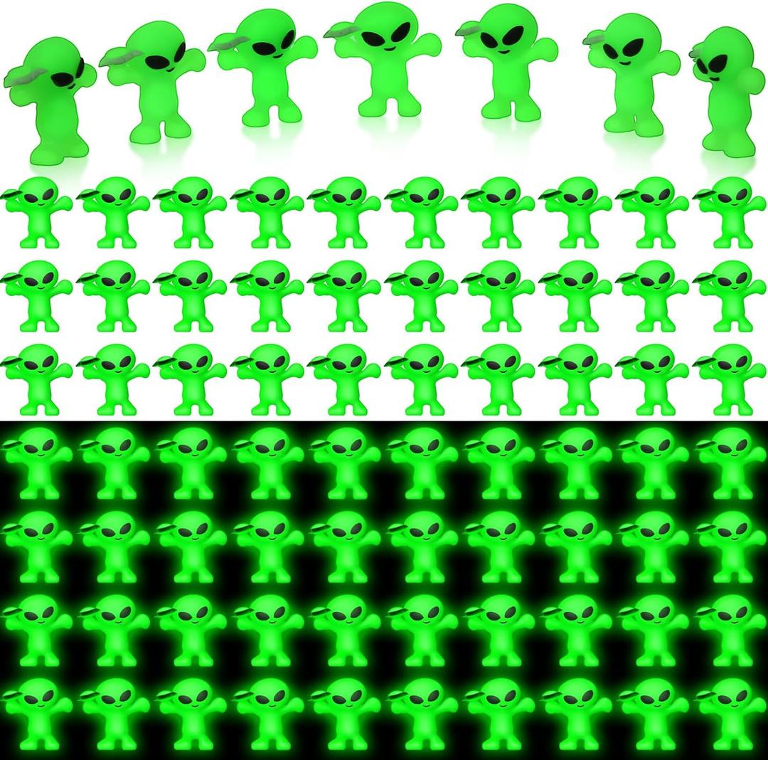50 Pcs 50 Pcs Mini Alien Figures Glow in The Dark Space Ship Tiny Little Small Alien Figurine for Prank Rubber Toys Bulk Gift Space Party Favors Hide and Seek Christmas Stocking Stuffer