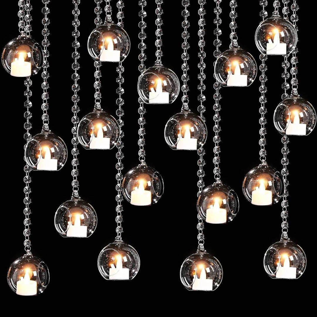 3.15'' Hanging Glass Tealight Holder Globe and Clear K9 Crystal Garland Strands, Hanging Glass Terrarium Containers for Wedding Party Tree Decoration(17 Pcs)