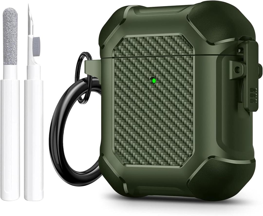 Maxjoy for Airpods Case, Carbon Fiber Secure Lock Clip Full Body Shockproof Hard Shell Protective Case Cover with Keychain for AirPod 1st and 2nd Generation Wireless Charging Case, Green
