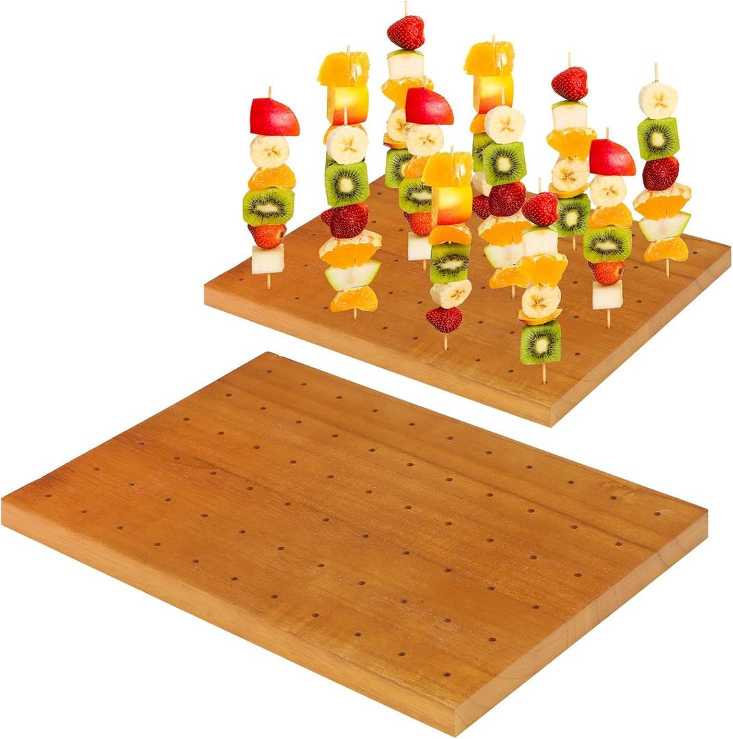 Wooden Food Skewer Holder Pick Stand and Display Holder Catering Appetizer Fruit Skewer Stand Food Display Rectangular Board with Holes for Catering(13.78 x 9.84 Inch, Rectangle Style)
