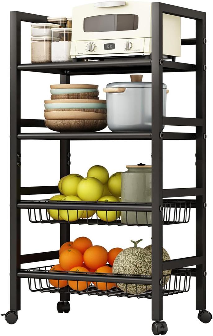 4-Tier Metal Rolling Cart with Removable Grid Shelves, Lockable Wheels & Handle for Kitchen, Bathroom, Office Storage, Black (Medium) (19.7 in) 4-Tier Metal Rolling Cart with Removable Grid Shelves, Lockable Wheels & Handle for Kitchen, Bathroom, Office Storage, Black (Medium) (19.7 in)