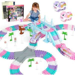 268 PCS Unicorn Race Tracks for Kids Toys, Glow in The Dark Magic Toy Set, 2 Unicorn Cars Track, Flexible DIY Track Set, Birthday Gift for Age 3-9 Boys Toddler Girls
