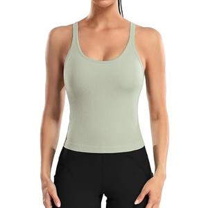 Women Ribbed Workout Crop Tops with Built in Bra Yoga Racerback Tank Top Tight Fit, M, Light Green