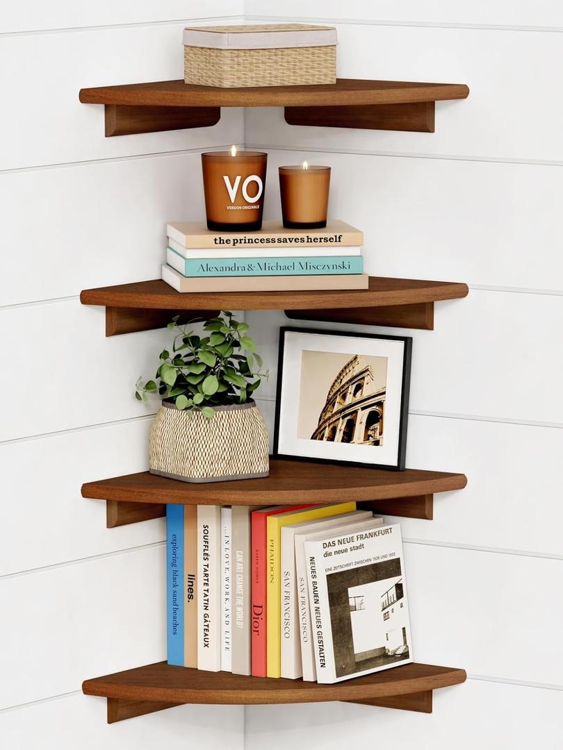 Forbena Corner Bookshelf Wall Mounted Set of 4, Wooden Floating Book Shelves for Nursery, Large Wall Shelving Unit for Living Room Bedroom Bathroom Kitchen Office Classroom Corner 2. Walnut, 12" Depth