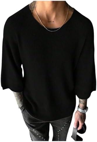 Verdusa Men's Drop Shoulder 3/4 Sleeve Sweaters Crew Neck Ribbed Knit Tops (Black, X-Large)