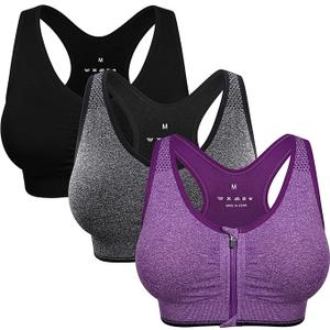 Women's Zip Front Sports Bra Wireless Post-Surgery Bra Active Yoga Sports Bras Size L