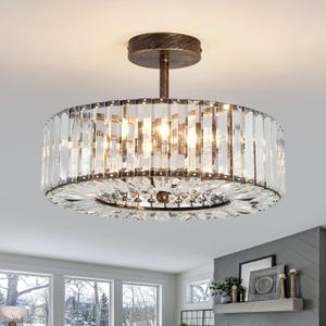 Piepooye 4 Lights Modern Crystal Chandelier Oil Rubbed Bronze Round Semi Flush Mount Ceiling Light Fixture Farmhouse Chandelier for Dinning Room Living Room Bedroom Hallway Entryway Kitchen