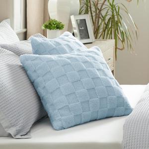 Bedsure Throw Pillow Covers - Pack of 2, 18x18 Pillow Cover, Soft, Cozy, Fluffy, Checkered Design, Home Decor for Sofa, Couch, Bed, Sea Blue