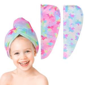 ELLEWIN Microfiber Hair Towel Wrap for Kids Girls 2 Pack Hair Turban Drying for Women Gifts Set Absorbent Quick Dry Twisty Anti Frizz Towel for Curly Long Thick Hair (Unicorn Blue&pink-2pack)