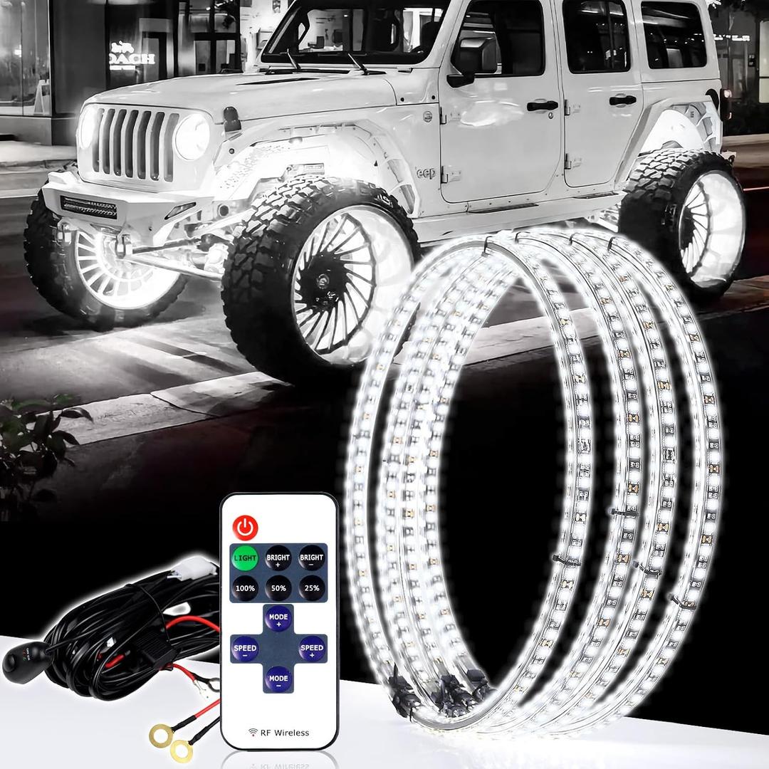 15.5 Inch Cool White Rim Lights,Wheel Light for Cars,Pure White Wheel Lights,6500k Cool White,IP68 Waterproof,Rocker Switch Control,Double Row LED Beads4 Pcs