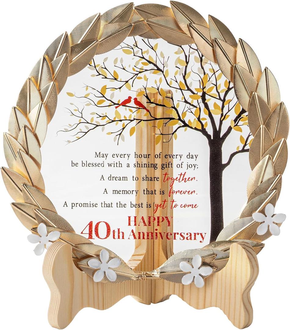 40th Anniversary Wedding Gift Crystal Plate with Gold Leaf Wreath - Happy 40th Anniversary Wedding Decorations Gifts for Parents Couple - 40th Wedding Anniversary Unique Gift