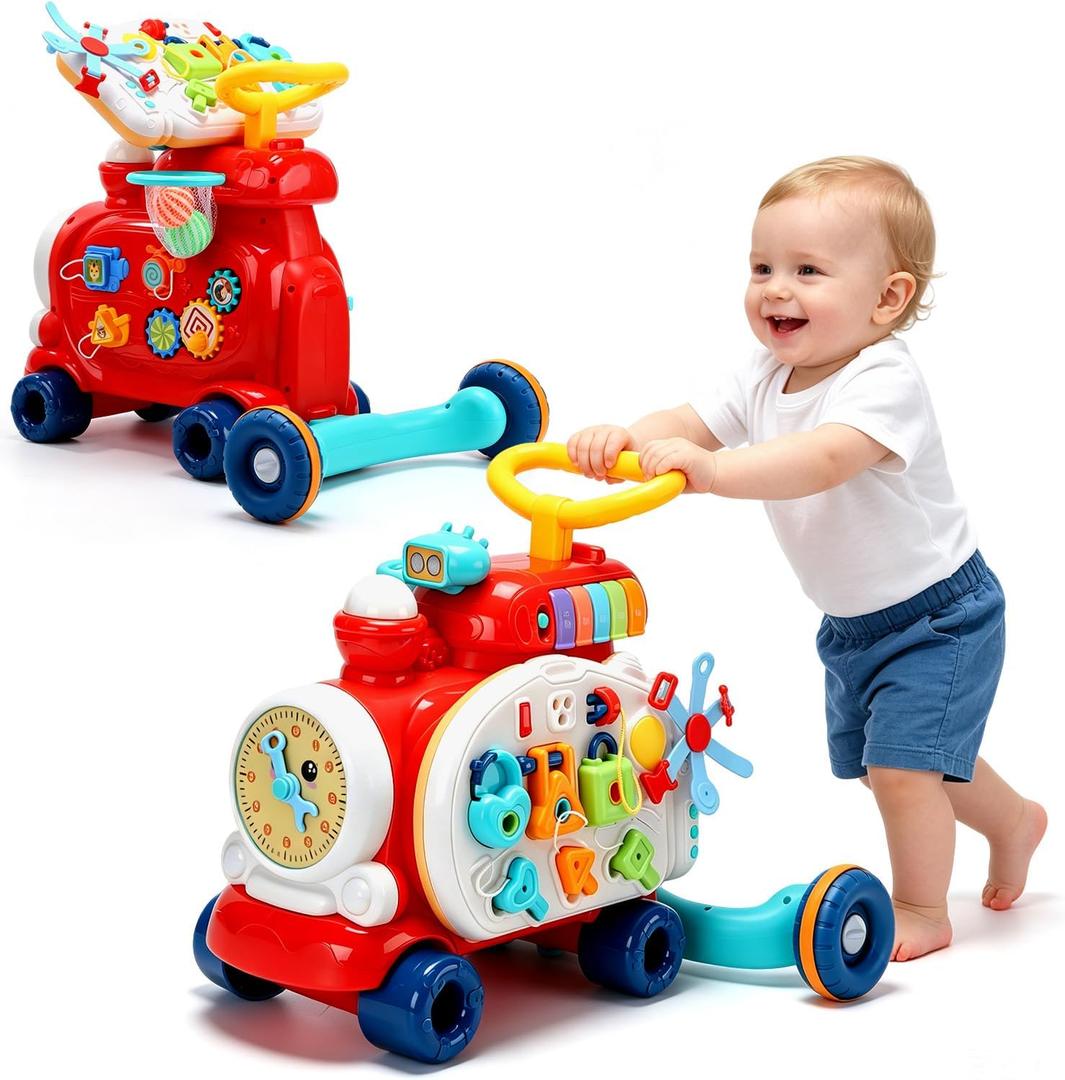 Baby Push Walker Toddler Walking Toy with Busy Board & Activity Center