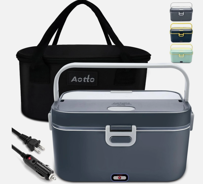 Aotto Electric Lunch Box 2L, 90W Fast Heating (12V/24V/110V) Heated Portable Food Warmer for Car/Truck/Office Stainless Steel Container, Insulated Carry Bag Ideal for Adults, Men, Women, Gray