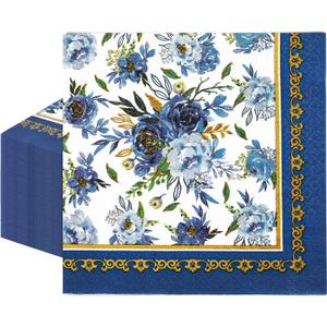 AnyDesign 80 Pack Navy Blue Floral Paper Napkins Blue White Flower Disposable Luncheon Napkins Gold Foil Frame Dessert Dinner Hand Napkin for Home Kitchen Wedding Birthday Baby Shower