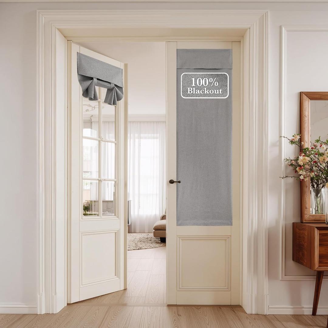 NICETOWN 100% Blackout Linen Door Curtains for Window, Privacy French Door Curtain 69 Inches Long for Kitchen Living Room, Room Darkening Window Covering, 1 Panel, 26W x 69" L, Grey