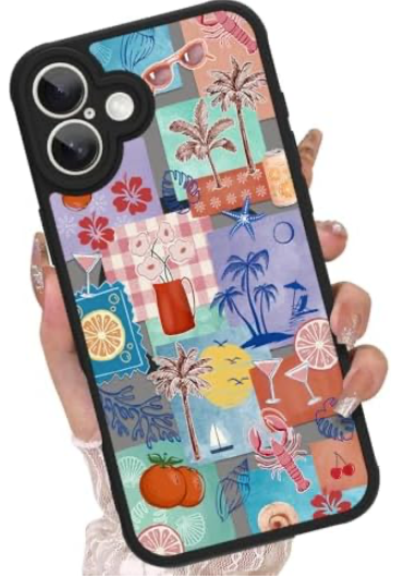 OOK Magnetic for iPhone 16 Case Cute Palm Tree Beach Collage Design for Girls Women Compatible with Magsafe Soft TPU Camera Lens Protective Phone Cover Blue #1