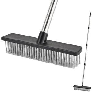 Wire Bristle Outdoor Scrub Brush with 60" Long Handle, Metal Stiff Bristle Floor Deck Scrubbing Brush Scrubber for Cleaning Moss, Tough Stains on Concrete, Grout, Garden, Garage, Patio