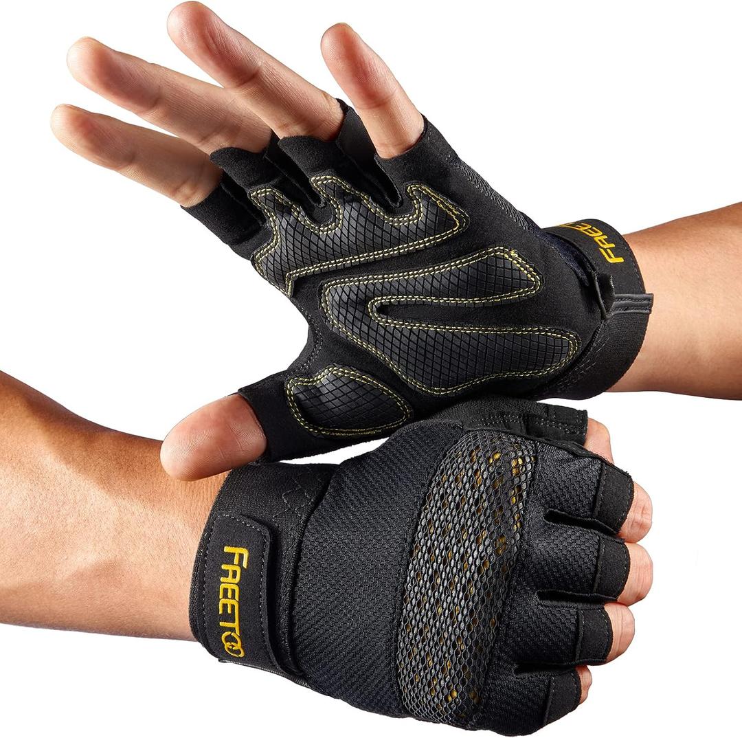 FREETOO Workout Gloves for Men, Weight Lifting Gloves with Full Palm Protection, Ultra Ventilated, Cushion Pads and Silicone Grip (Black, X-Large)