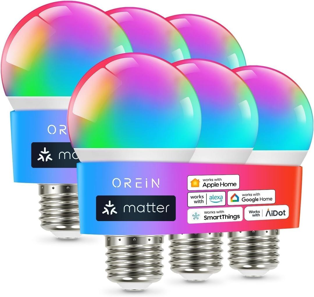 OREiN Matter Smart Light Bulb, Smart Light Bulbs Work with Apple Home, Alexa, Google Home, SmartThings, A19 Color Changing Light Bulbs 2.4Ghz WiFi, 800 Lumens Equivalent 60W 6Pack