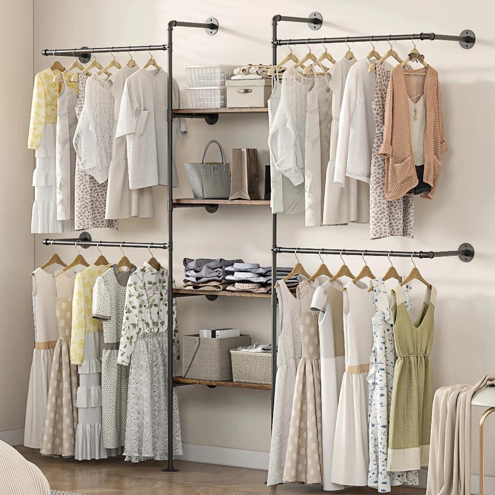 Industrial Pipe Clothing Rack, Heavy Duty Adjustable Garment Hanger with Shelves, 2 Installation Methods Closet Storage System for Wardrobe Organization, Black, 80" H x 86" W