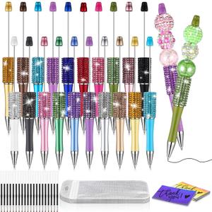 Marspark 80pcs Glitter Beadable Pen DIY Kits 20 Sets Fancy Diamond Bead Plastic Rhinestone Bling Pen Bulk with Refills & Bags Fun Bling Ballpoint for DIY Craft Making Gift, School Office Item