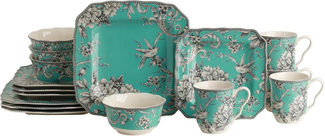 222 Fifth Adelaide 16-Piece Square Floral Dinnerware Set  Service for 4, Turquoise Porcelain Plate, Bowl & Mug Set, Chip Resistant, for Everyday Dining & Entertainment, Microwave & Dishwasher Safe