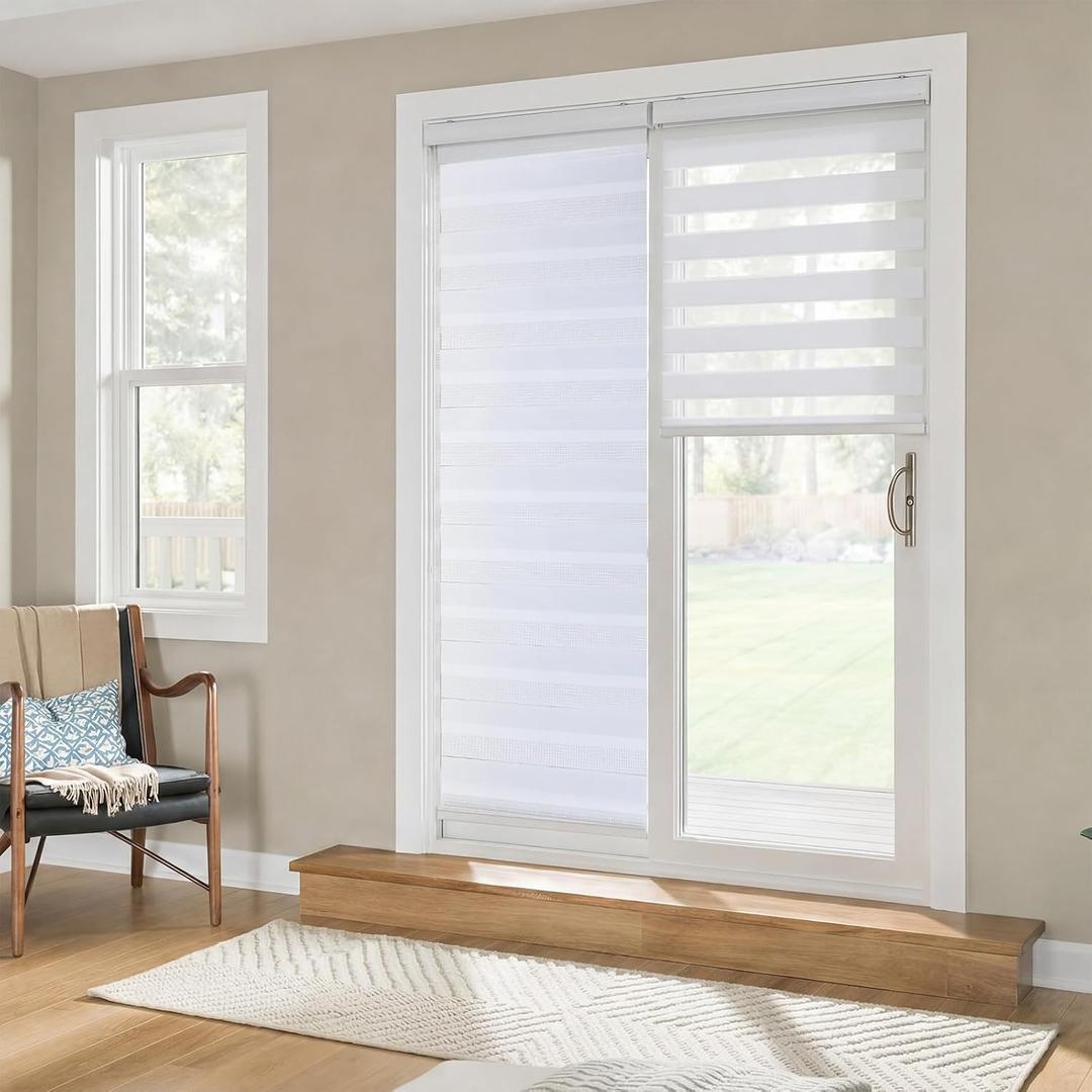 Tingjoo 2 Set 24 x 84 Inch Self Adhesive Zebra Blinds for Sliding Door Adjustable French Door Cordless Blind Sheer Shades Light Filtering Privacy Blinds 2 Ways to Install White for French Doors