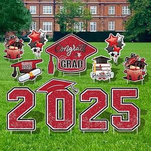 Large 11 PCS Graduation Yard Signs, Class of 2025 Congrats Grad Outdoor Lawn Yard Sign with Stakes, Graduate Decorations Yard Decors for College High School Party, Black and Red