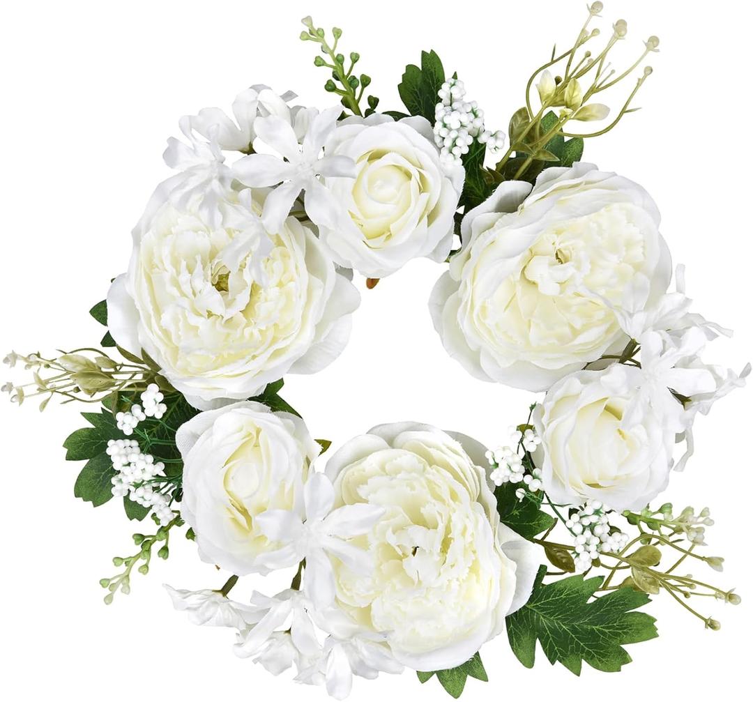Lvydec 2 Pack Artificial Peony Flower Wreath - 11" Floral Wreath with Pink Peony and White Rose Spring Wreath for Front Door, Wedding, Wall, Home Decor(White)