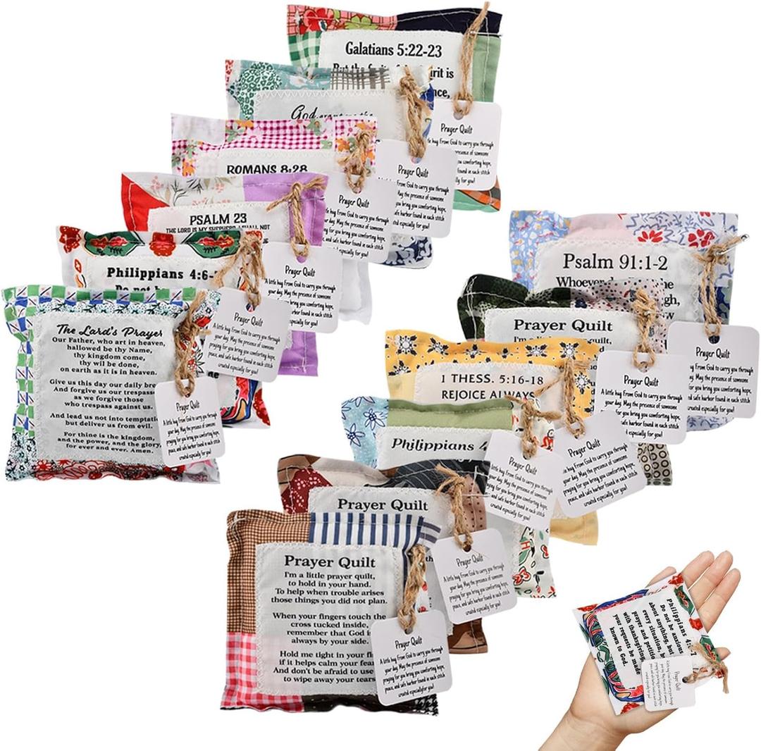 12 Pcs Mini Prayer Quilt with Cross Inside  Handmade Scripture Quilt, Christian Sympathy Gift for Women, Fathers Day, Pastor Appreciation, Comforting Encouragement Gift (Multicolor)