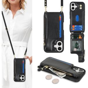 Cavor for iPhone 17 Wallet Case with Card Holder for Women,for iPhone 17 Case with Strap,Crossbody Lanyard and Wristlet Zipper Pocket Phone Case-Black