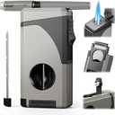 6-in-1 Torch Lighter, with Windproof Triple Jet Flame, V & Straight Cutter, Punch, Holder, Draw Enhancer Tool, Refillable Butane Lighter with Gift Box for Men, Multifunctional Accessories for Travel