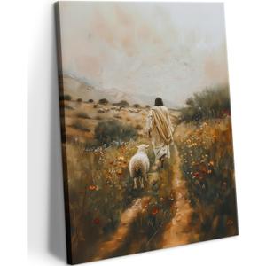 Jesus Leaves the 99 Sheep Canvas Wall Art Jesus and Lamb Painting Wall Decor Picture The Lost Sheep Posters Prints Christian Baptism gifts for Living Room Bedroom Prayer Home Decor 8x10 in canvas