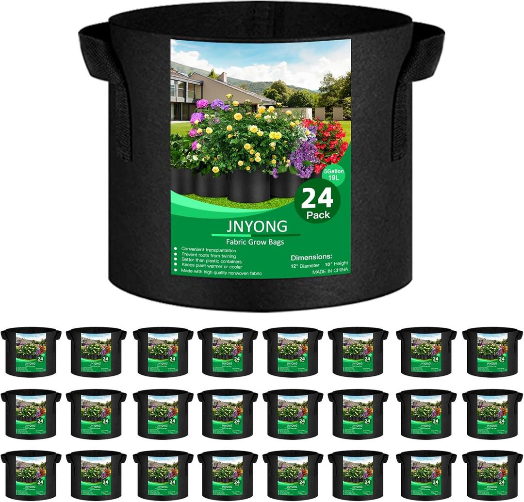 JNYONG 24-Pack 5 Gallon Thickened Non-Woven Grow Bags, Aeration Fabric Pots with Handles