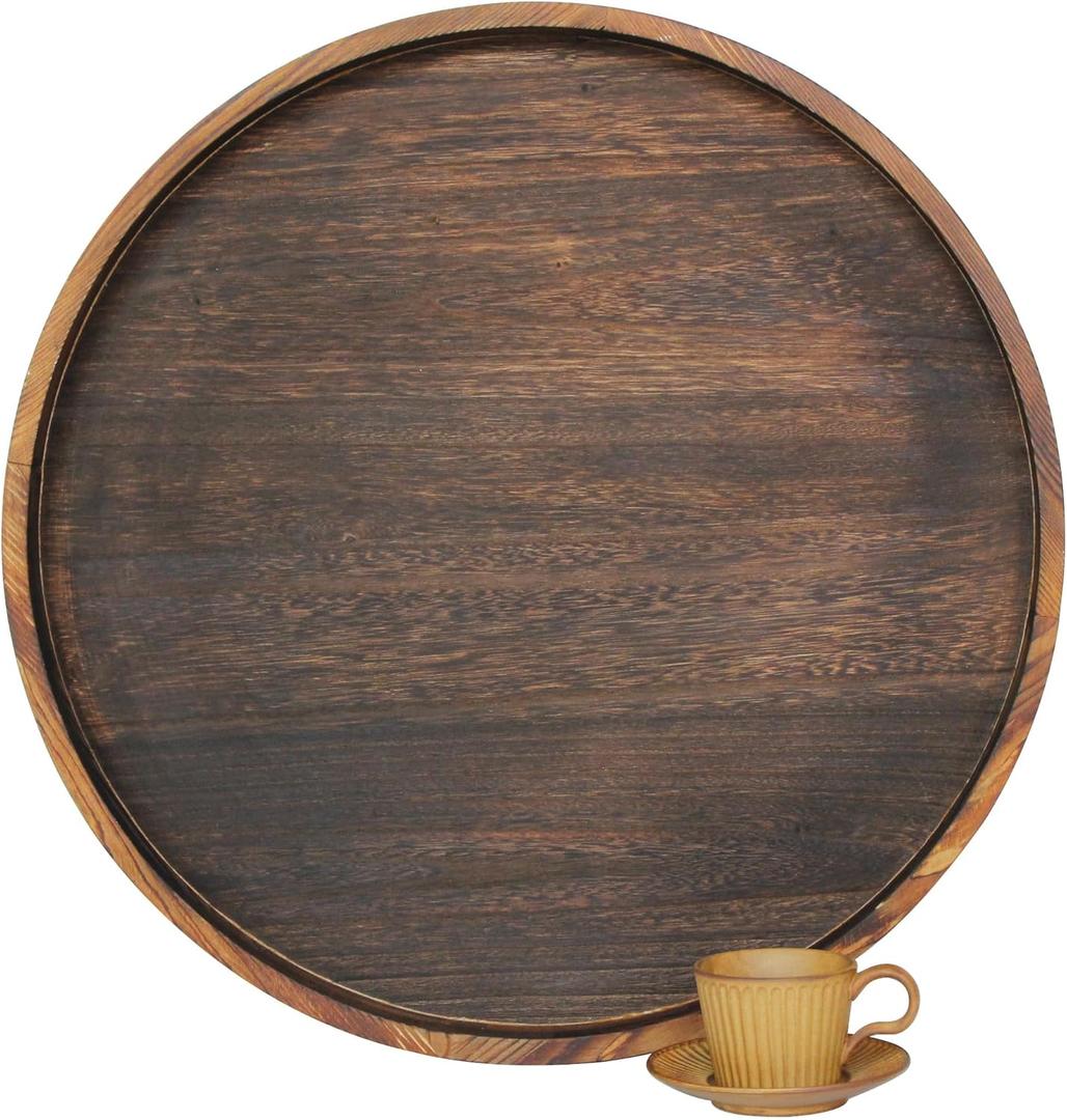 Gurfuy Extra Large Round Ottoman Table Tray Round-24 - Rustic Wooden Serving Tray for Farmhouse Decorative Oversized Coffee Table Trays Living Room Kitchen Counter Breakfast Brown