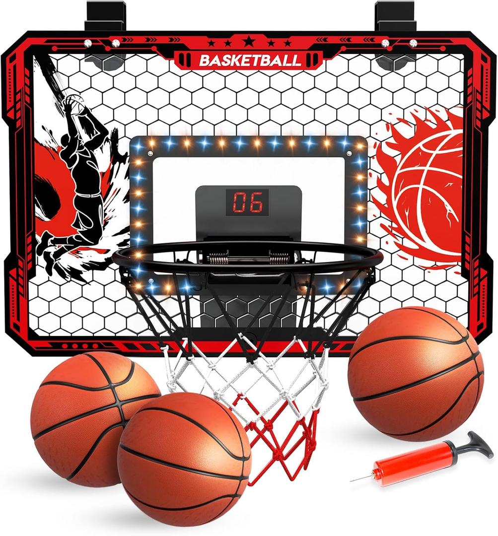 Over The Door Basketball Hoop, 2025 Upgrade Indoor Basketball Hoop with LED Lights and Scoreboard, Includes 3 Balls & Pump, Toys Gifts for3 4 5 6 7 8 9 10 11 12 Year Old Boys - Mini Basketball Hoop