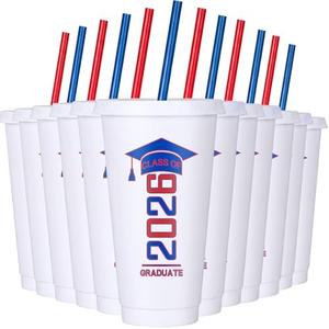 Potchen 12 Pcs 2026 Graduation Plastic Cups 24 oz Class of 2026 Graduate Tumbler with Lids Straws Reusable Drinking Juice Cups Graduation Party Supplies for College High School(White,Red and Blue)